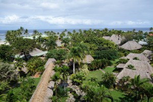 The main building of the Outrigger Resort stood over the bures with the beaches down the slope