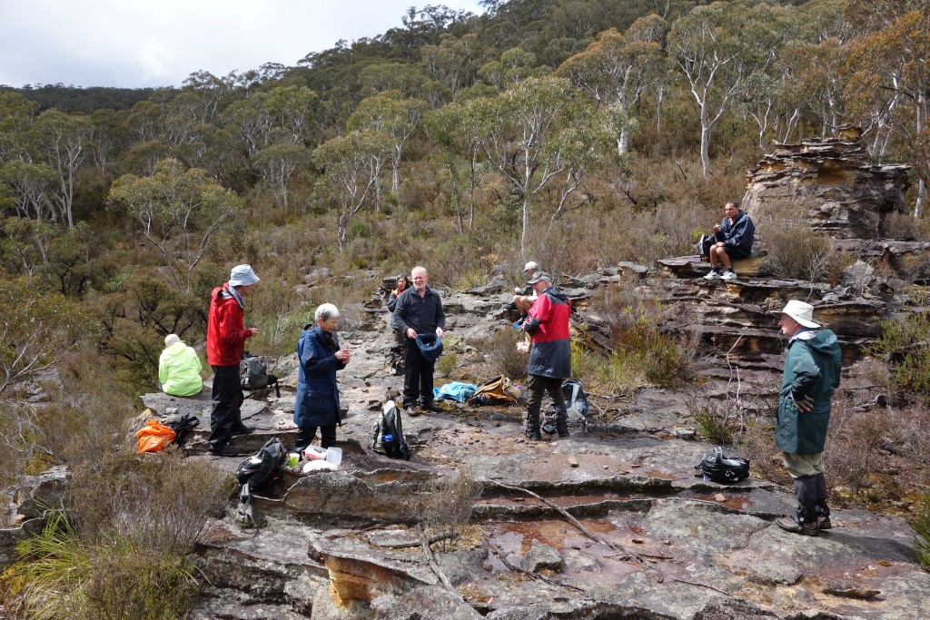 The hearty group of bush bashers take a mid-morning break to refuel and admire the views