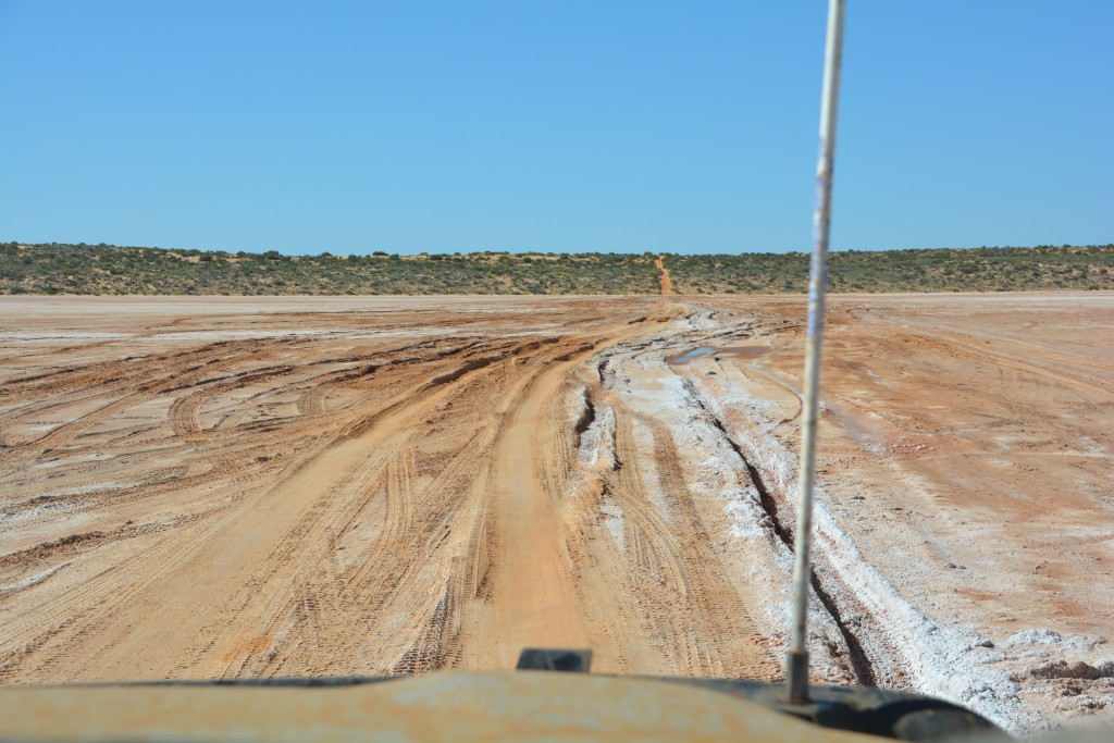 The white salty crust is easy to see up close but danger lurks in the dark brown mud 