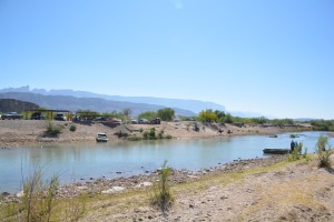 The mighty Rio Grande is pretty tame here but you can see our little punt that took us across