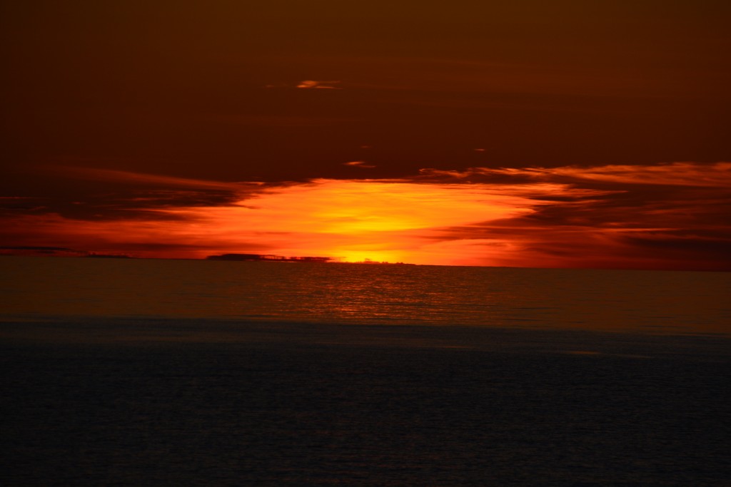 Sunset over the water - a very unusual event for us