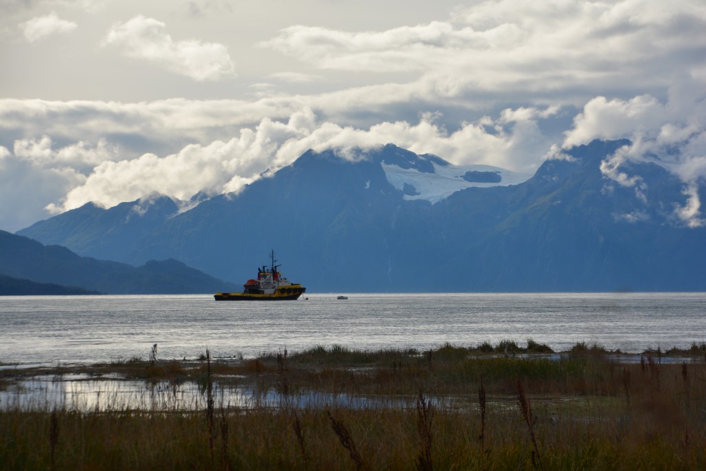 The view from our campsite on the slab of a former car dealership in Old Valdez...not too bad